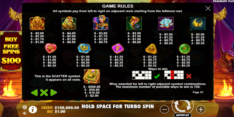 Book of Golden Sands Slot Paytable